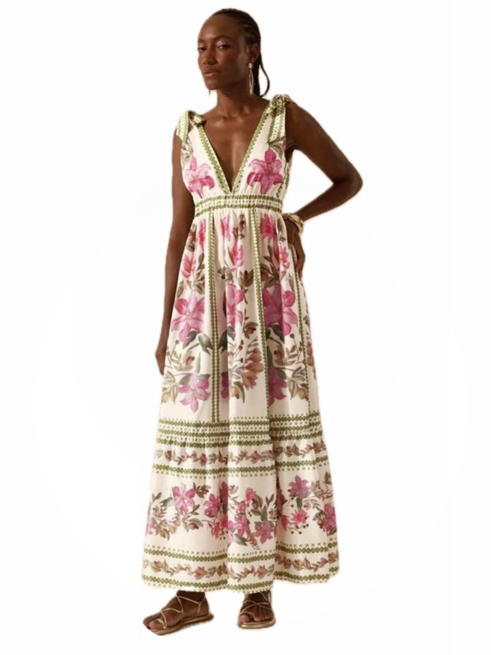 SHEIN Floral Vacation Cream with Pink Flowers and Green Boho Design Maxi Dress